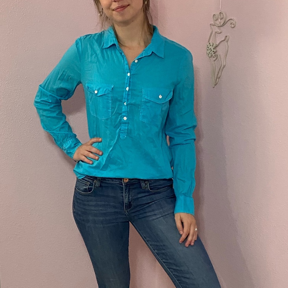 J CREW Women’s blue Popover Blue Long Sleeve Blouse Shirt Size 8